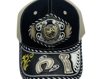 3D Bull Rider Embroidered Faux Leather Western Hat Unique Design Mesh Back