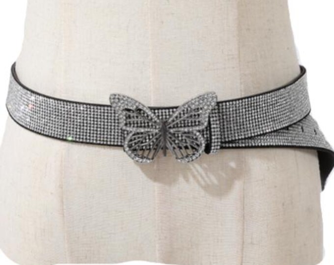 Women's Sparkling Rhinestone Bling Waist Fashion Belt Butterflyt-Shaped Buckle