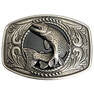 May include: Silver-toned belt buckle with an ornate design featuring a jumping fish. The fish is in the center of the buckle and is surrounded by a decorative border.