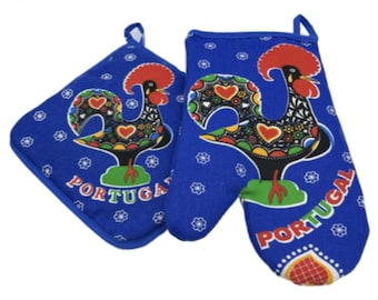 100% Cotton Galo de Barcelos Portuguese Portugal Oven Kitchen Glove Mitt Set