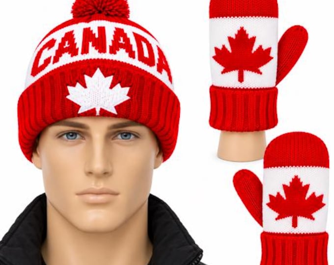 Canada Canadian Mapleleaf Red White Unisex Knitted Hat Winter Hat Gloves Mitts