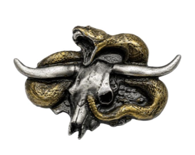 Longhorns Bull Skull Rattlesnake Snake Western Cowboy Belt Buckle