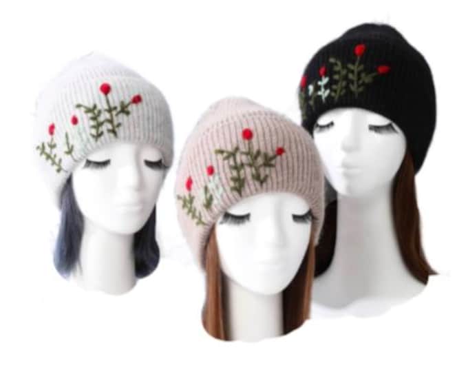 Womens Embroidered Knit Crochet Beanie Hat Ski Cap Winter Fashion