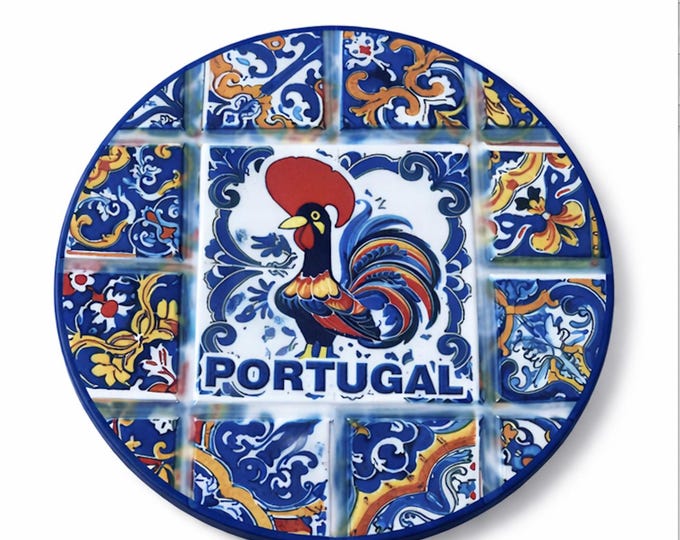 Portuguese Portugal Galo de Barcelos Traditional Blue Ceramic Tile Coaster Cork
