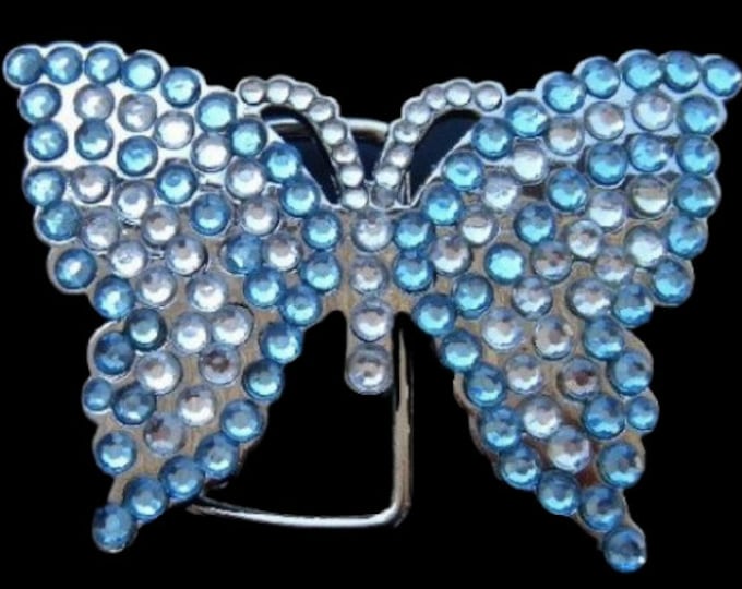 White Blue Rhinestone Flying Monarch Butterfly Butterflies Belt Buckle