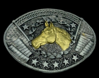 Gold Tone Horse Head Flags Western Belt Buckle