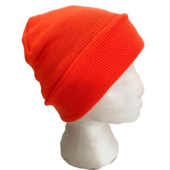 Orange Neon Beanie Cap Plain Knit Ski Hat Cuff Winter Solid Warm