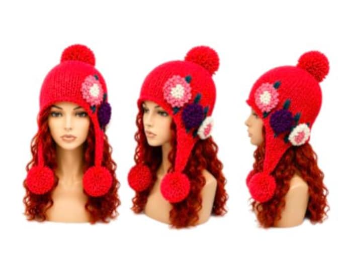 New Fashion Women’s Coral Hat Warm Winter Pom Pom Knitted Crochet Flower