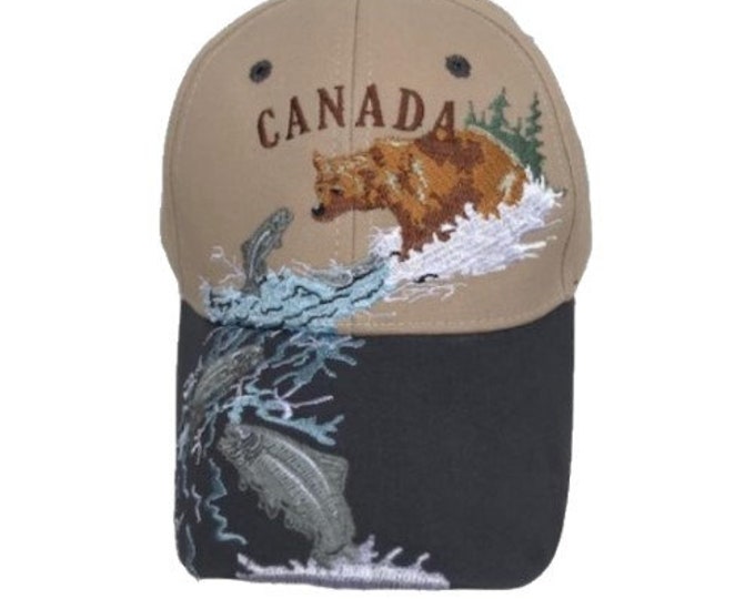 Canada Bear Fishing Embroidered Baseball Ball Cap Hat