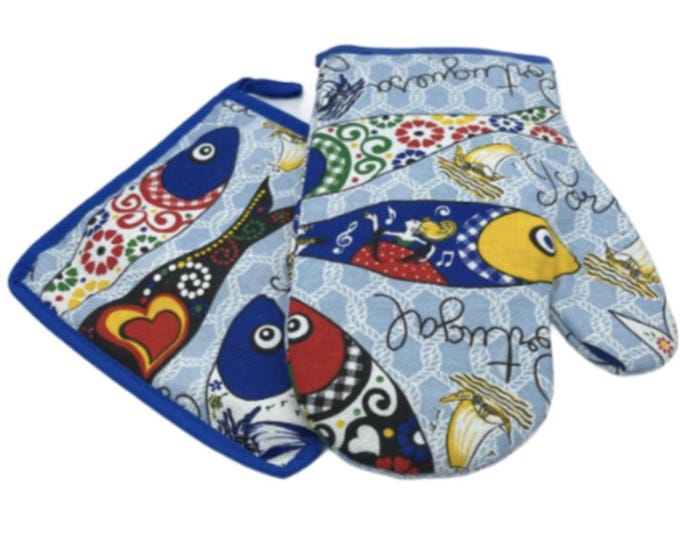 100% Cotton Traditional Portuguese Sardines Symbols Oven Kitchen Mitt Set of 2