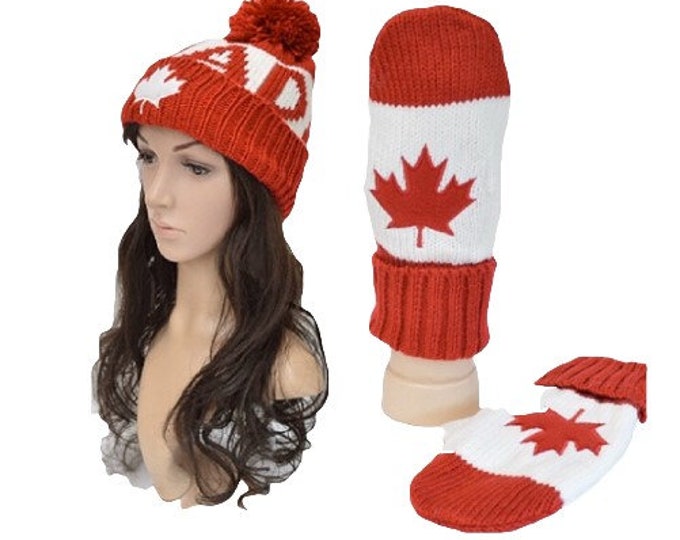 Canada Canadian Mapleleaf Red White Unisex Knitted Hat Winter Hat Gloves Mitts