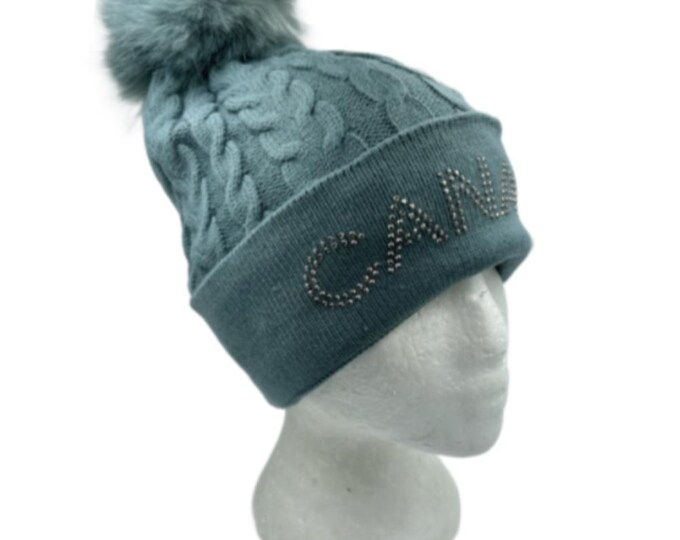 Canada Rhinestone Knitwear Cable Knit Pom Beanie Hat Women Winter Toque