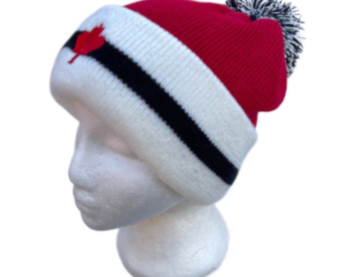 Red White Stripes Canada Mapleleaf Fashion Ski Pom Pom Winter Beanie Hats