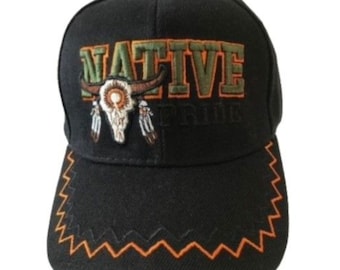 Bull Skull Buffalo Indian Native Pride Black Embroidered Ball Cap Hat