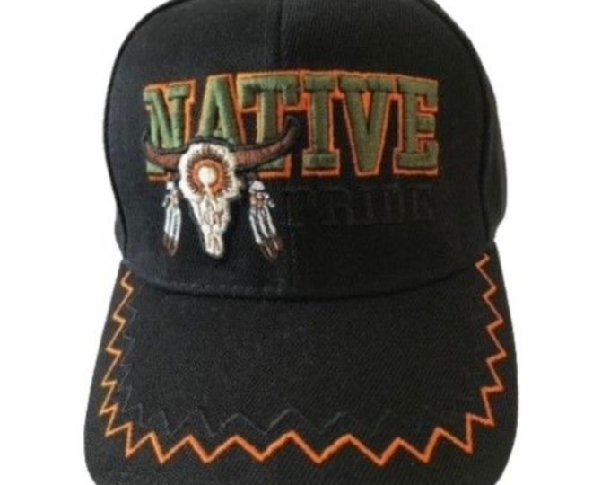 Bull Skull Buffalo Indian Native Pride Black Embroidered Ball Cap Hats