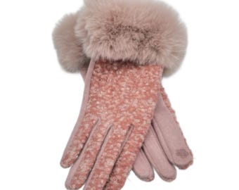 Women's Fashion Glitter Gloves Faux Fur Trim Winter Fall