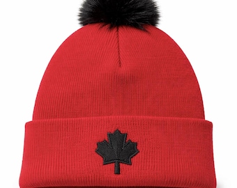 Red Knit Beanie with Pom-Pom – Canada Maple Leaf Winter Hat