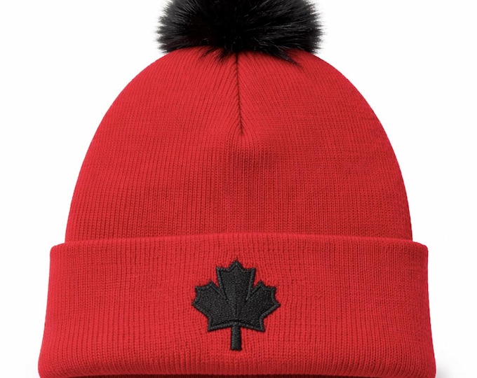 Red Knit Beanie with Pom-Pom – Canada Maple Leaf Winter Hat