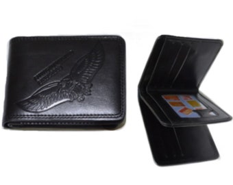 Men's American Eagle Embossed Design Genuine Leather Black Trifold Wallet