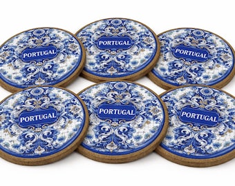 Traditional Blue Tile Azulejo Ceramic Coasters with Cork Bottom Set of 6