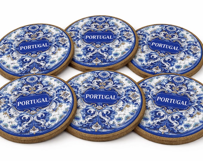Traditional Blue Tile Azulejo Ceramic Coasters with Cork Bottom Set of 6