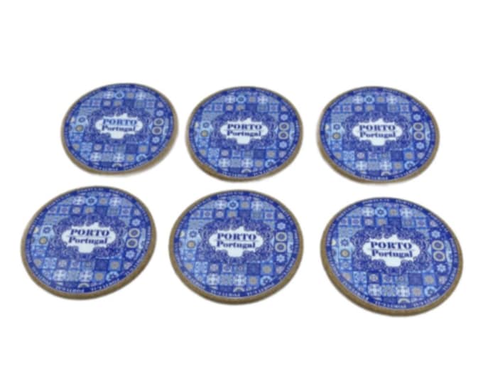 Traditional Blue Tile Azulejo Ceramic Coasters with Cork Bottom Set of 6