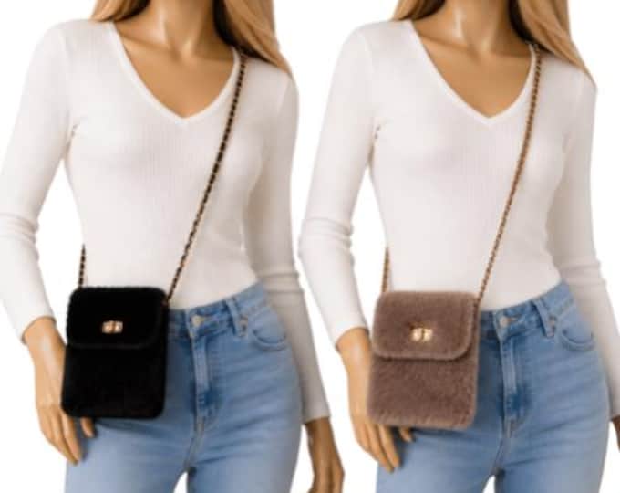 Brown Faux Fur Crossbody Women's Shoulder and Phone Bag