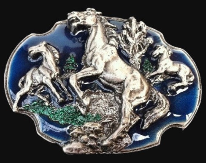 Cowboy And Cowgirl Wild Horse Western Pewter Belt Buckle