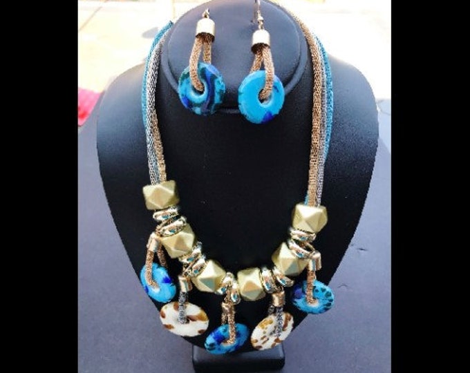 Fashion 3 Strand Silver Gold Blue Toned Bold Coil Statement Necklace Earrings Women's Jewelry