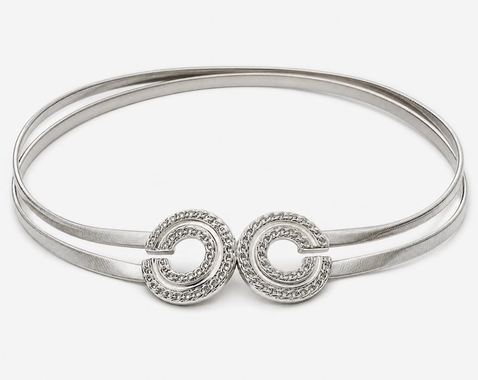 Women’s Silver Stretch Waist Belt Double Circle Buckle Elastic Metal Belt