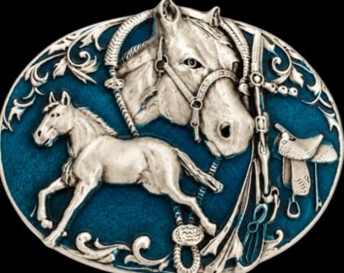 Horse Horses Horseshoe Saddle Western Cowboy Black Enamel Metal Belt Buckle