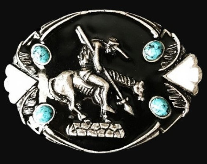 Belt Buckle Native Warrior Horse Rider Turquoise Stone Buckles