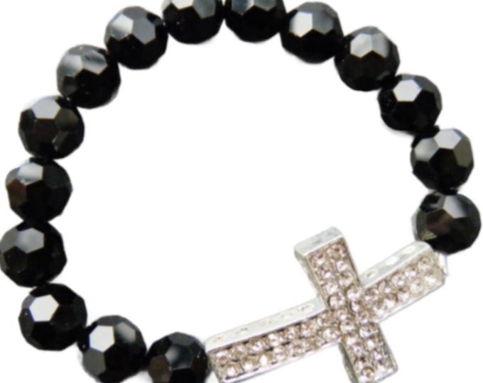 Black Crystal Beaded Rhinestone Religious Cross Stretch Fashion Bracelet