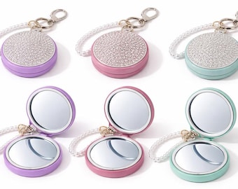 Compact Mirror Keychain Sparkly Rhinestone Pocket Mirror Faux Pearl Wrist Strap