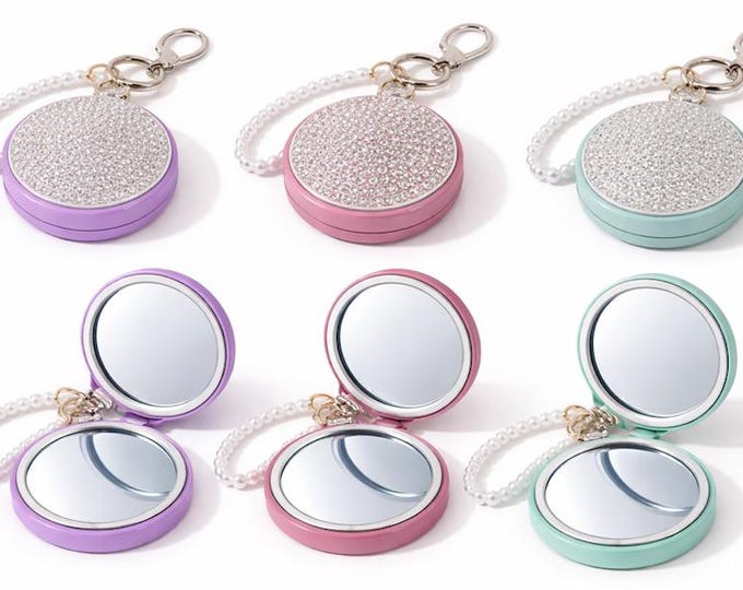 Compact Mirror Keychain Sparkly Rhinestone Pocket Mirror Faux Pearl Wrist Strap