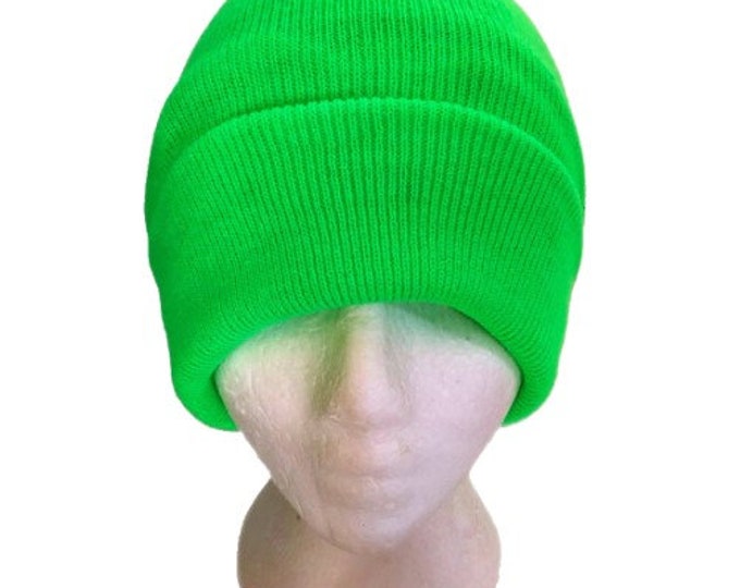 Green Neon Beanie Cap Plain Knit Ski Hat Cuff Winter Solid Warm Men Women Toque