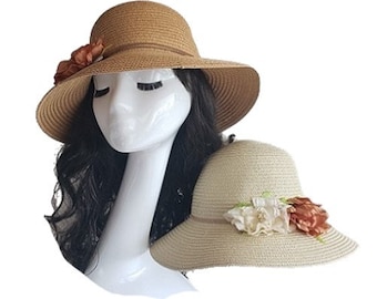 Cute Flowers Women's Straw Sun Hats Wide Brim Summer Beach Travel Cap