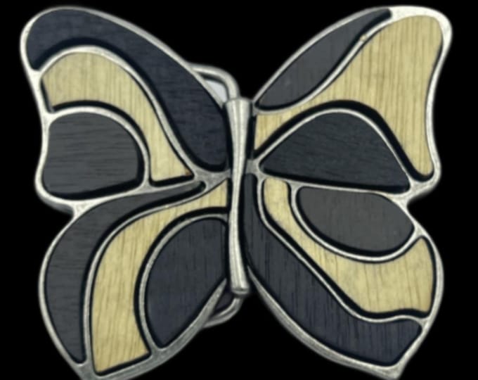 Boucle de Ceinture Antique Brass Buckle Dark Brown Wood Fill-In Butterfly Cool