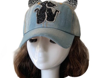 Love Bling Rhinestone Cat Ears Women's Baseball Cap Outdoor Sun Hat