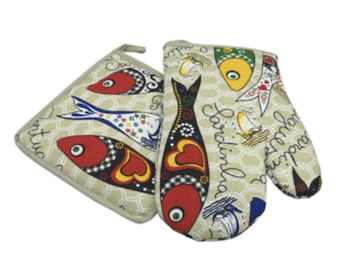 100% Cotton Traditional Portuguese Sardines Symbols Oven Kitchen Mitt Set of 2