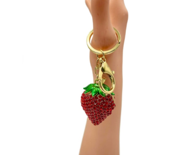 Strawberry Keychain Bejewelled Enamelled Purse Jewelry Bling Clip Key Ring