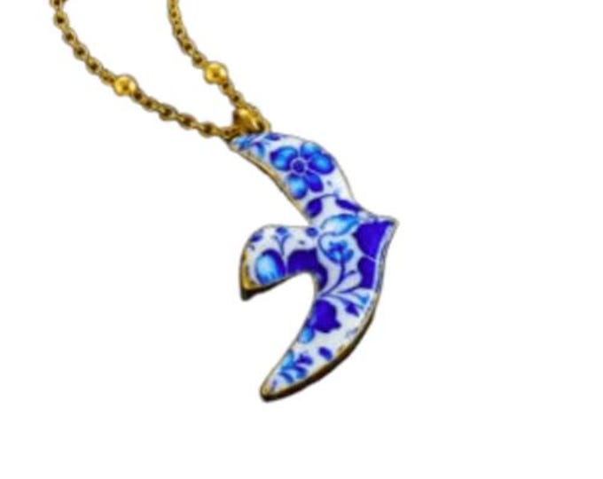 Blue & White Swallow Enamel Pendant Necklace – Gold-Tone Beaded Chain