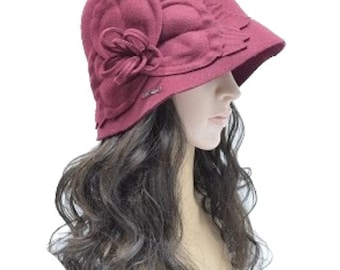 Women's GATSBY 20s Winter Wool Cap Beanie Cloche Bucket Floral Hat