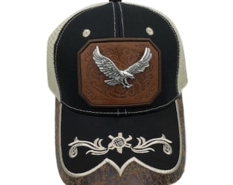 3D Eagle Embroidered Faux Leather Western Hat Unique Design Mesh Back