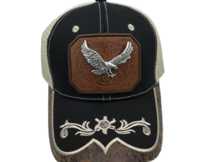 3D Eagle Embroidered Faux Leather Western Hat Unique Design Mesh Back