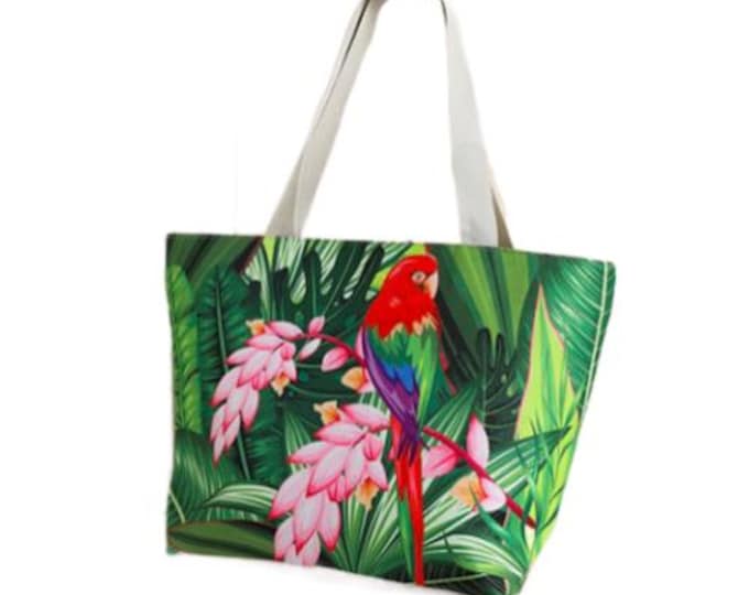 Large Capacity Zipper Handbag Shopping Travel Tote Shoulder Beach Bag Parrot