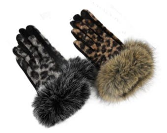 Women's Animal Print Cheetah Leopard Gloves Faux Fur Trim Winter Fall