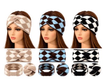 Women's Knitted Argyle Twist Headband Beige, Blue & Black Plaid Winter Hairband