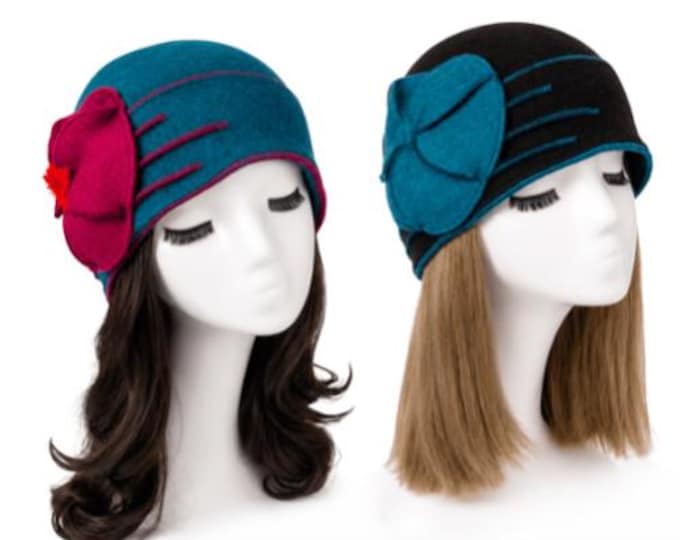 Women's Flower 1920s Winter 100% Wool Beret Beanie Cloche Bucket Hat