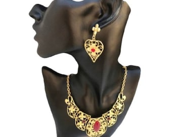 Portuguese Style Gold Toned Red Stones Necklace Earrings Jewelry Set